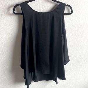 BCBG Maxazria Jadine black silky tank top with open sleeves